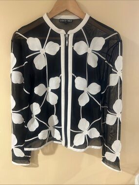 Dolce Cabo Black Sheer Mesh Jacket with White Floral Appliqué